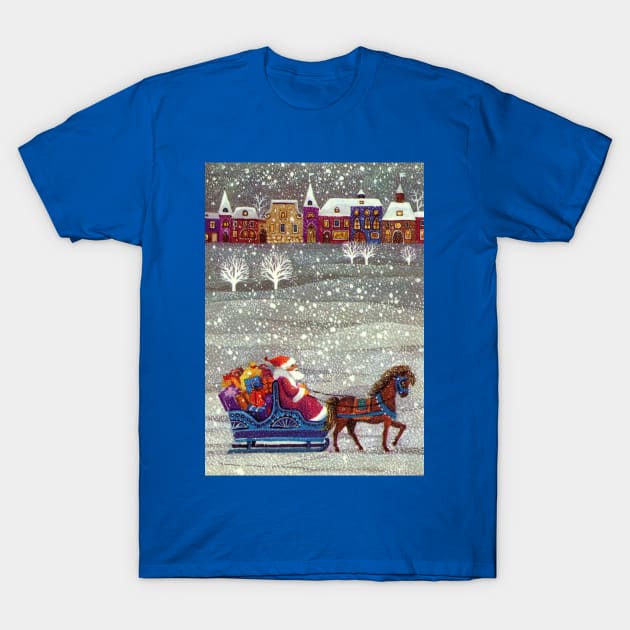 Vintage Santa Claus with Sleigh and Village T-Shirt by MasterpieceCafe